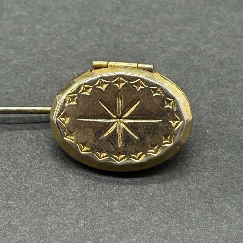 Vintage Gold Tone Oval Locket Stick Pin Etched Starburst Celestial Lapel Hat Pin - Picture 5 of 8